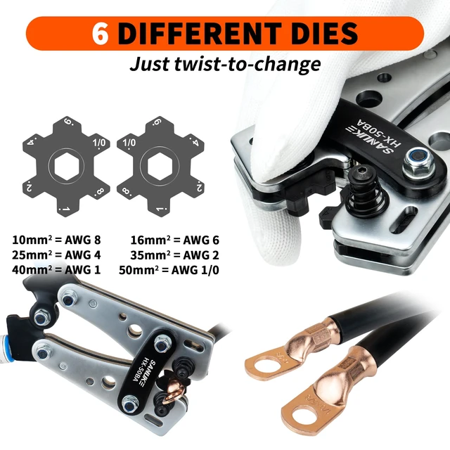 Alt view image 4 of 7 - Battery Cable Lug Crimper AWG 8-1/0, Wire Cutter&12pcs Ring Terminal Electrical Crimping Tool AWG 8 6 4 2 1 1/0, Heavy Duty 4 AWG & 0 AWG 3/8'' Copper Lugs Set, 3:1 Heat Shrink Tubes for Crimp