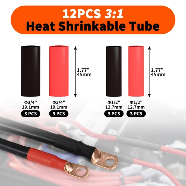 Alt view image 7 of 7 - Battery Cable Lug Crimper AWG 8-1/0, Wire Cutter&12pcs Ring Terminal Electrical Crimping Tool AWG 8 6 4 2 1 1/0, Heavy Duty 4 AWG & 0 AWG 3/8'' Copper Lugs Set, 3:1 Heat Shrink Tubes for Crimp