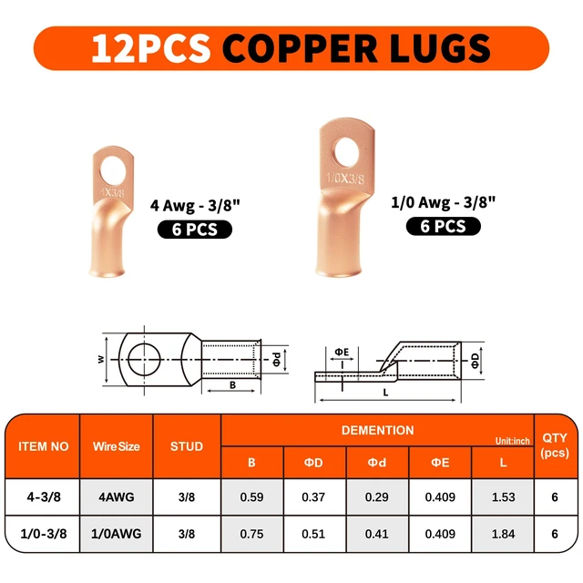 Alt view image 6 of 7 - Battery Cable Lug Crimper AWG 8-1/0, Wire Cutter&12pcs Ring Terminal Electrical Crimping Tool AWG 8 6 4 2 1 1/0, Heavy Duty 4 AWG & 0 AWG 3/8'' Copper Lugs Set, 3:1 Heat Shrink Tubes for Crimp