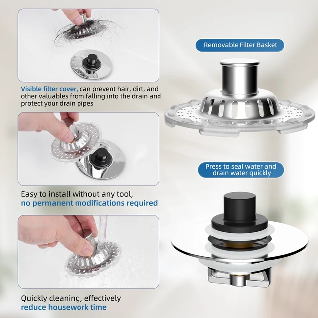 Alt view image 4 of 7 - Universal Bathtub Drain Stopper, Metal Top Strainer Hair Catcher, Chrome Shower Drain Tub Stopper with Stainless Steel Visible Filter Basket, Upgraded 3 in 1 Pop-up Drain Plug for 1.5 to 2.4" Hole