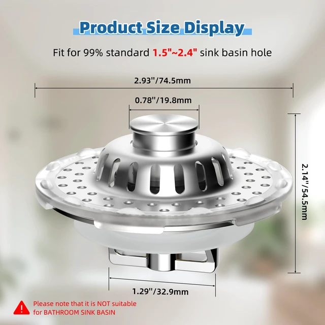 Alt view image 7 of 7 - 2PCS Universal Bathtub Drain Stopper, All Metal Top Hair Catcher, Chrome Shower Drain Tub Stopper with Stainless Steel Visible Filter Basket, Upgraded 3 in 1 Pop-up Drain Plug for 1.5 to 2.4" Hole