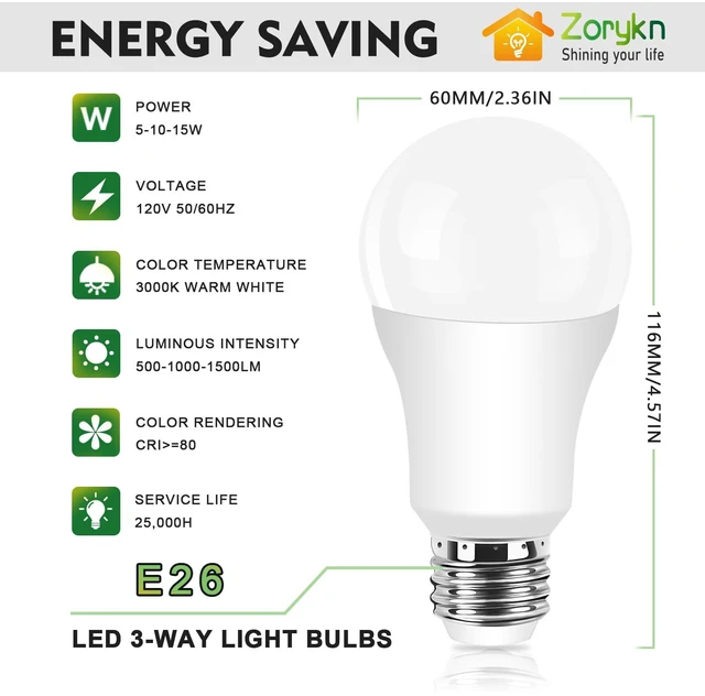 Alt view image 2 of 7 - 3 Way Light Bulbs 50 100 150 Warm White, E26 Medium Base,4 Pack 500/1000/1500 Lumens, A19 3000K, 5/10/15W Adjustable Brightness, Energy Saving 3-Way Bulb for Reading, Living Room Lamps