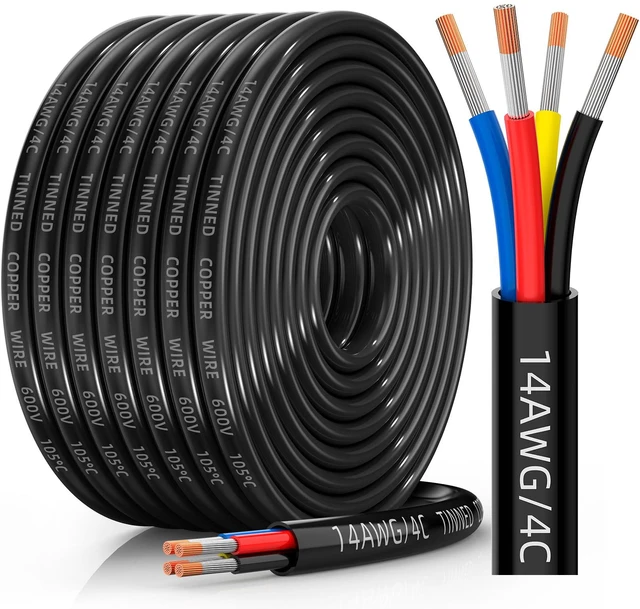 Main image of 14 Gauge Wire, 14/4 Conductor Tinned Copper Electrical Wire, 30FT Flexible, Waterproof, Flame Retardant, Low Voltage 14 AWG Stranded PVC 4 Wire Cable for Automotive, RV, Marine, RGB LED Strip