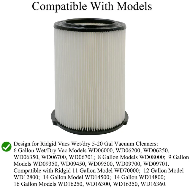 Alt view image 3 of 7 - VF4000 Replacement Filters for Ridgid Shop Vac 72947 Wet/Dry Vacs 2-Pack VF4000 Standard Filter for Ridgid 5-20 Gallon WD5500 WD0671 RV2400A RV2600B Vacuum, for Husky 6-9 Gallon Vacs