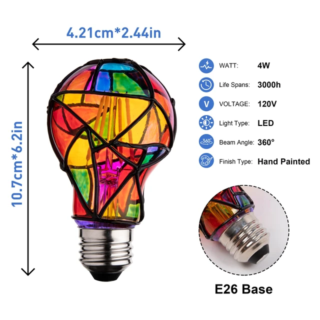 Alt view image 2 of 6 - Stained Glass Light Bulb,Rainbow Painted Light Bulb,Mosaic Light Bulb,4W 120V,Multi Colored Colorful Light Bulb Indoor,Fun Romantic Light Bulbs,Unique Decorative Light Bulbs