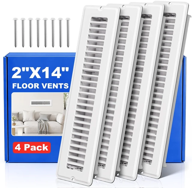 Main image of 2x14 Floor Register, White Vent Covers for Floor/Wall, 4 Pack Floor Vents 8 Screws for Quick-Fit, Heavy Duty Metal Face, Quiet & Adjustable Air Supply Lever, Air Vent Cover Fits 2"x14" Duct Opening