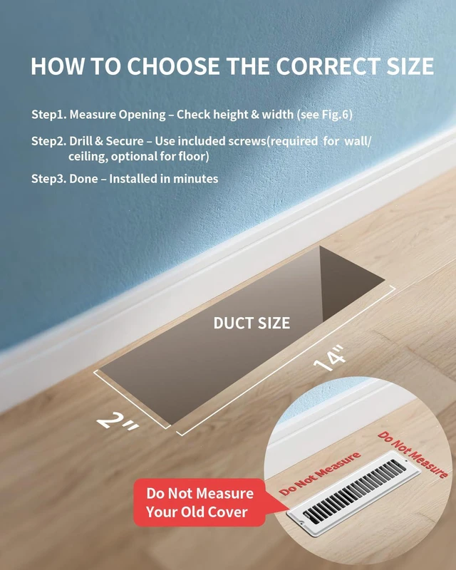 Alt view image 2 of 7 - 2x14 Floor Register, White Vent Covers for Floor/Wall, 4 Pack Floor Vents 8 Screws for Quick-Fit, Heavy Duty Metal Face, Quiet & Adjustable Air Supply Lever, Air Vent Cover Fits 2"x14" Duct Opening