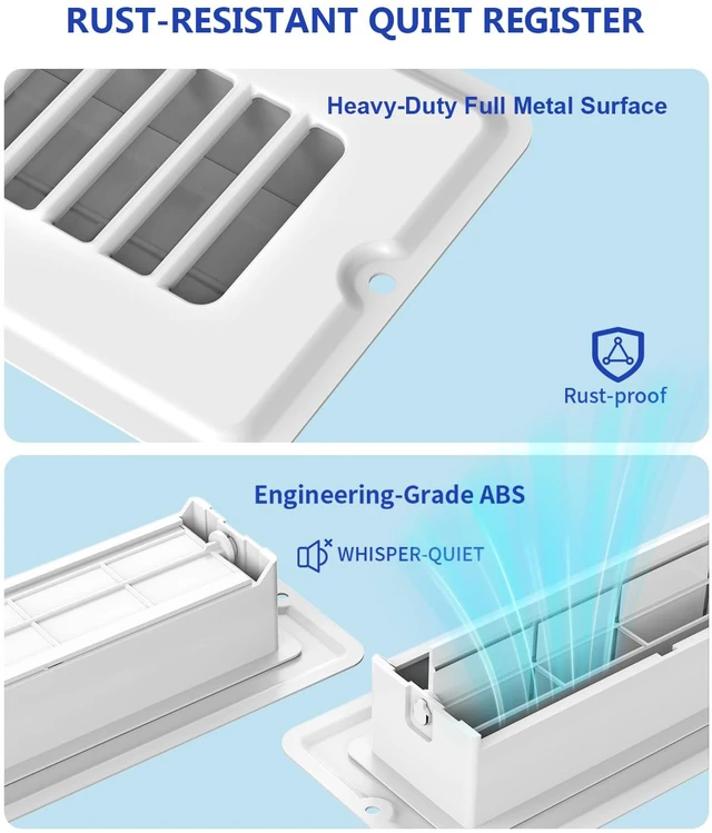 Alt view image 4 of 5 - 2x12 Floor Register, 4-Pack White Vent Covers for Floor and Wall Heavy Duty Metal Floor Vents, Quiet & Adjustable Air Supply Lever, 8 Screws Include, Air Vent Cover Fits 2x12" Duct Opening