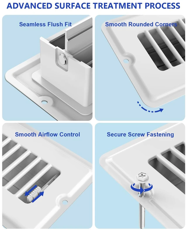 Alt view image 3 of 5 - 2x12 Floor Register, 4-Pack White Vent Covers for Floor and Wall Heavy Duty Metal Floor Vents, Quiet & Adjustable Air Supply Lever, 8 Screws Include, Air Vent Cover Fits 2x12" Duct Opening