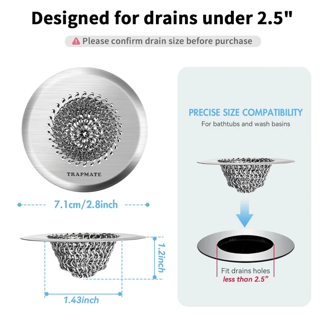 Alt view image 2 of 7 - 2PCS Bathtub Drain Strainer, 2.8" Patented Reversible Shower Tub Drain Hair Catcher, 304 Stainless Steel Drain Cover Protector fits Bathtub & Wash Basin, for Drains Under 2.5 Inches