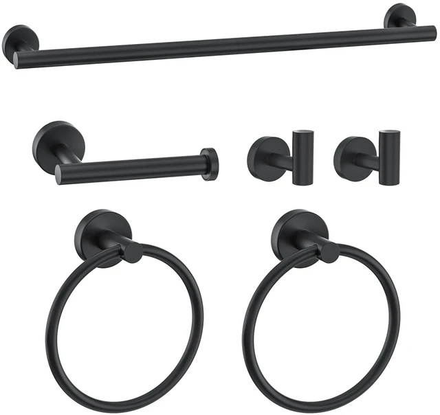 Main image of 6 Pieces Towel Bar Set Matte Black Bathroom Hardware Set Includes 23.6 Inch Towel Bar,Stainless Steel Wall-Mounted Bathroom Accessory Set