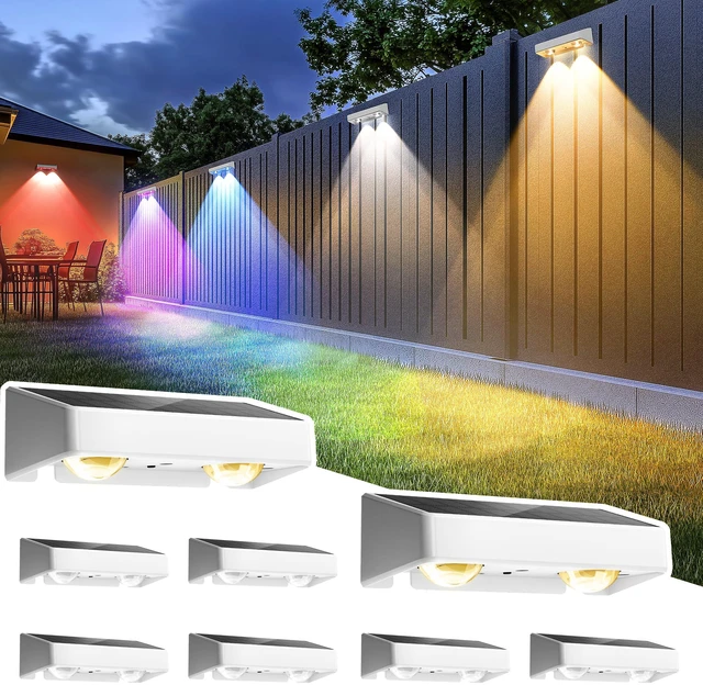 Main image of Solar Fence Lights Outdoor, 9 Fixed Colors Color Changing Fence Solar Lights Outdoor Waterproof IP65, LED Deck Lighting for Backyard Wall Step Patio Railing Pool Porch (8 Pack)