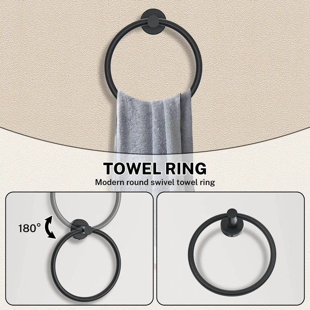 Alt view image 3 of 7 - 6 Pieces Towel Bar Set Matte Black Bathroom Hardware Set Includes 23.6 Inch Towel Bar,Stainless Steel Wall-Mounted Bathroom Accessory Set