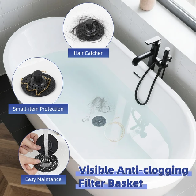 Alt view image 2 of 7 - 2PCS Universal Metal Bathtub Drain Stopper Top Hair Catcher, Matte Black Shower Drain Tub Stopper with Stainless Steel Visible Filter Basket, Upgraded 3 in 1 Pop-up Drain Plug for 1.5 to 2.4" Hole