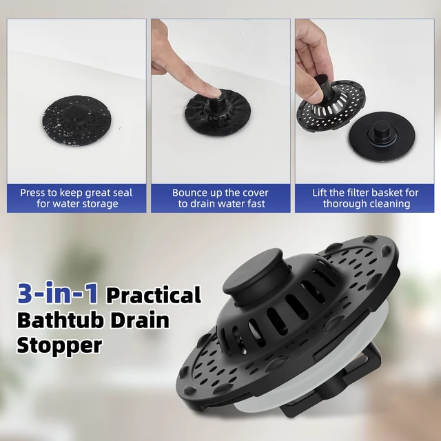 Alt view image 4 of 7 - 2PCS Universal Metal Bathtub Drain Stopper Top Hair Catcher, Matte Black Shower Drain Tub Stopper with Stainless Steel Visible Filter Basket, Upgraded 3 in 1 Pop-up Drain Plug for 1.5 to 2.4" Hole