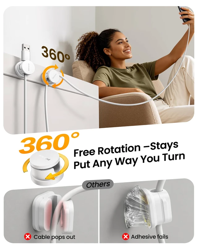 Alt view image 3 of 7 - 6 Pack Snap-Lock Cable Clips, 360° Rotatable Cord Holder for Desk Anti-Pull-Out Cord Organizer, Adhesive Phone Charger Holder Cable Management For Nightstand Wall Car, Home Office Accessories