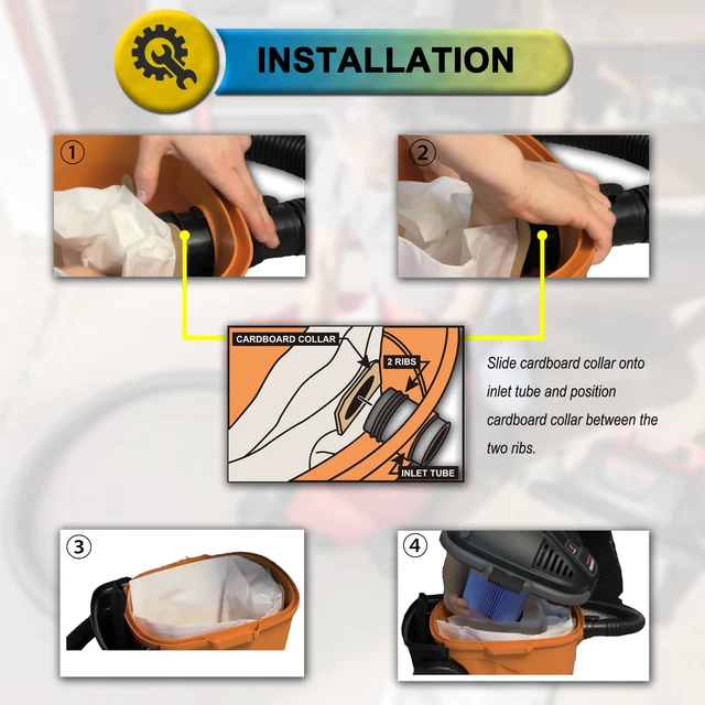 Alt view image 4 of 6 - 9 Pack VF3501 Shop Vac Bags for Ridgid 3, 4, 4.5 Gallon Wet/Dry Vacuums Fit RIDGID Vacs Models# WD4070 WD4080 WD4550, Size C High Efficiency Dust Filter Bags, No Suction Loss, Part # 23738 WS32045F