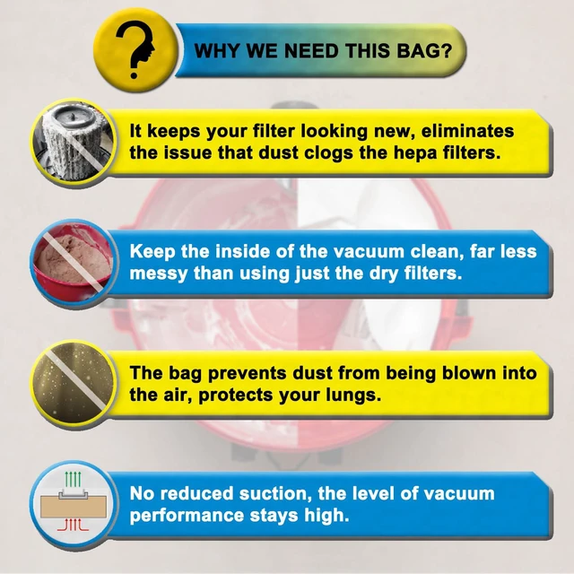 Alt view image 5 of 6 - 9 Pack VF3501 Shop Vac Bags for Ridgid 3, 4, 4.5 Gallon Wet/Dry Vacuums Fit RIDGID Vacs Models# WD4070 WD4080 WD4550, Size C High Efficiency Dust Filter Bags, No Suction Loss, Part # 23738 WS32045F