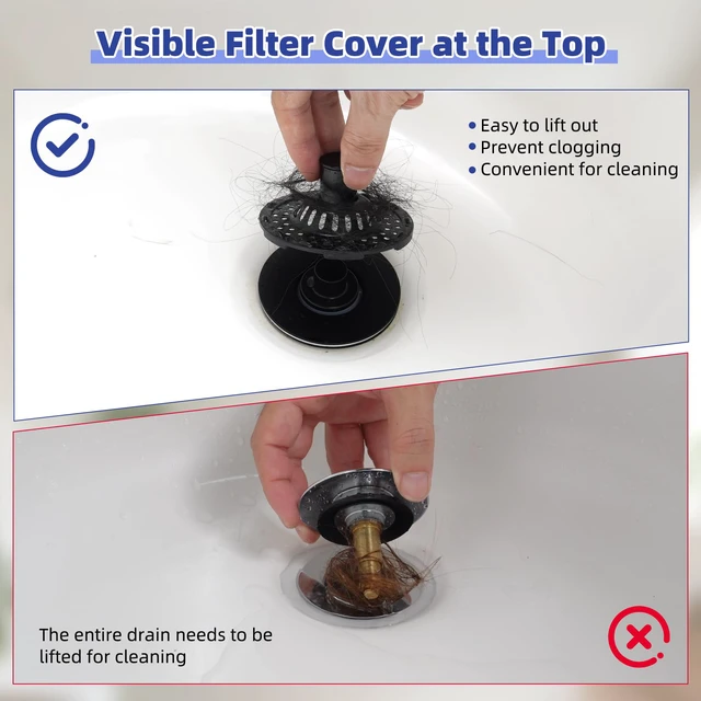 Alt view image 5 of 7 - 2PCS Universal Metal Bathtub Drain Stopper Top Hair Catcher, Matte Black Shower Drain Tub Stopper with Stainless Steel Visible Filter Basket, Upgraded 3 in 1 Pop-up Drain Plug for 1.5 to 2.4" Hole
