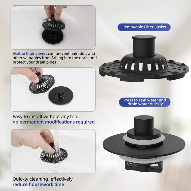 Alt view image 7 of 7 - 2PCS Universal Metal Bathtub Drain Stopper Top Hair Catcher, Matte Black Shower Drain Tub Stopper with Stainless Steel Visible Filter Basket, Upgraded 3 in 1 Pop-up Drain Plug for 1.5 to 2.4" Hole