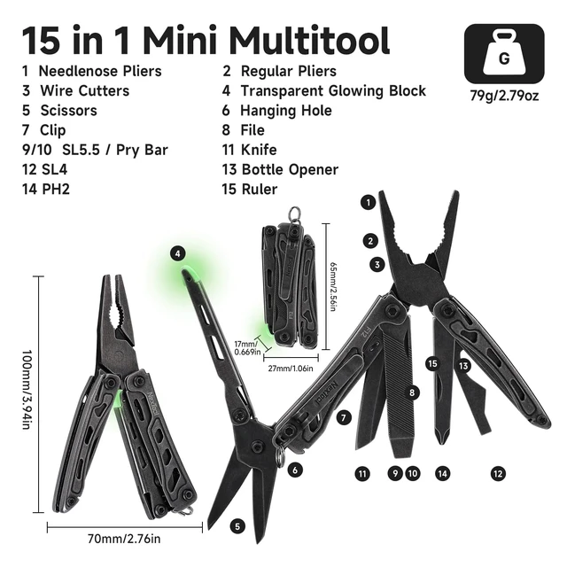 Alt view image 2 of 7 - Mini Flagship F12 Keychain Multitool, Fifth Pocket Tools (Dark) 15-in-1 Multi Tool, 80Cr14Mov Steel, Serrated Scissors, Thicken Pliers, Safety Lock Knife and File for EDC, Outdoor, DIY