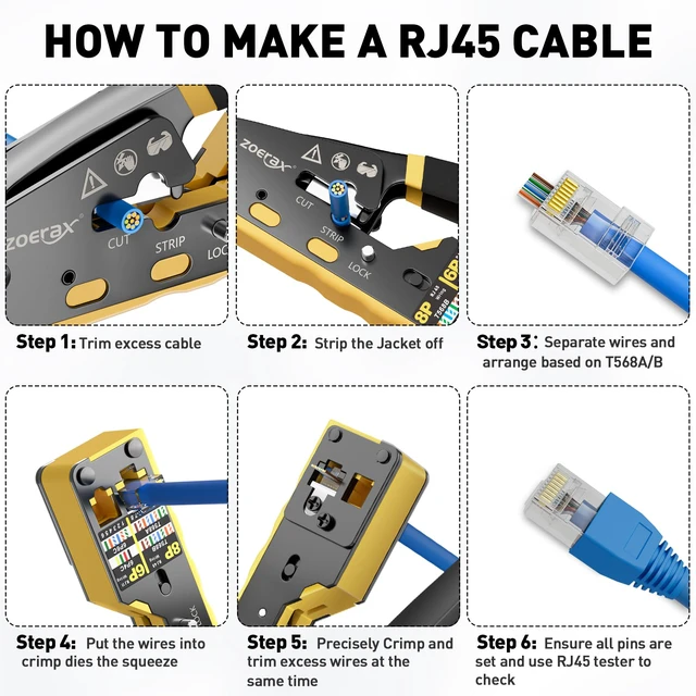 Alt view image 6 of 7 - Ethernet Crimping Tool Kit RJ45 Crimp Tools,CAT5 Cat5e Cat6 RJ45 Crimping Tool Kit With Cable Tester, Mini Stripper, Blades,50Pcs Cat 6 Pass Through Connectors and Strain Relief Boots