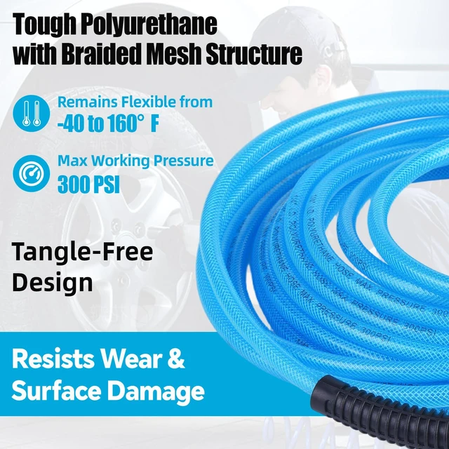 Alt view image 2 of 7 - 25FT 1/4 Inch Air Hose Reinforced Polyurethane Air Compressor Hose - Flexible Heavy Duty Braided Pneumatic Hose with Quick Connect Fittings 300 PSI for Garage Shop Automotive Use