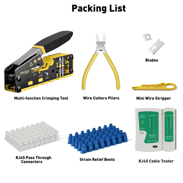 Alt view image 7 of 7 - Ethernet Crimping Tool Kit RJ45 Crimp Tools,CAT5 Cat5e Cat6 RJ45 Crimping Tool Kit With Cable Tester, Mini Stripper, Blades,50Pcs Cat 6 Pass Through Connectors and Strain Relief Boots
