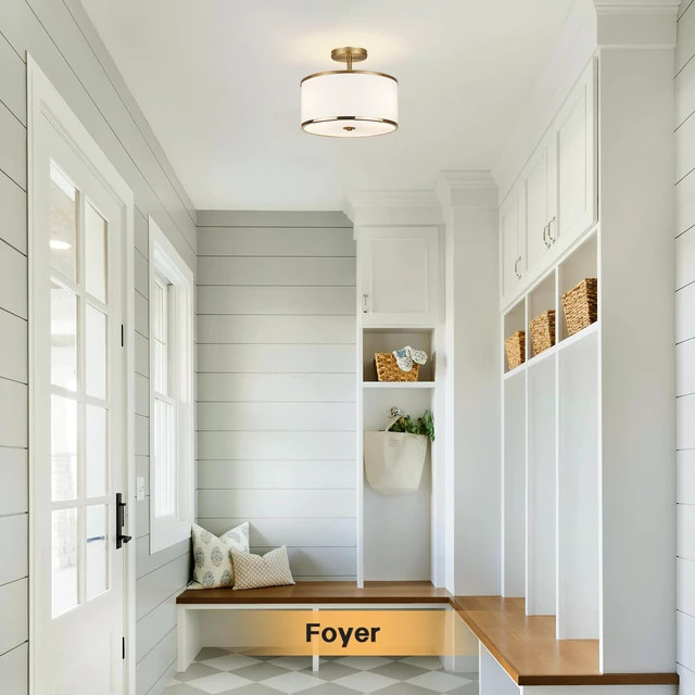 Alt view image 6 of 7 - Luxury Semi Flush Mount Ceiling Light, 3-Light Drum Lamp with Gold Brass Finish and Fabric Shade, Ideal for Bedroom, Kitchen, Dining Room, Hallway, Entryway, and Foyer, 12.6"