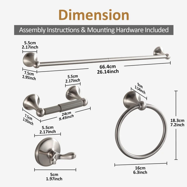 Alt view image 7 of 7 - Bathroom Accessories Set, Glossy Stain Nickel Expandable Towel Bar 4-Piece Bathroom Accessory Set Wall Mounted Towel Ring Robe Hook Toilet Paper Holder Towel Holder