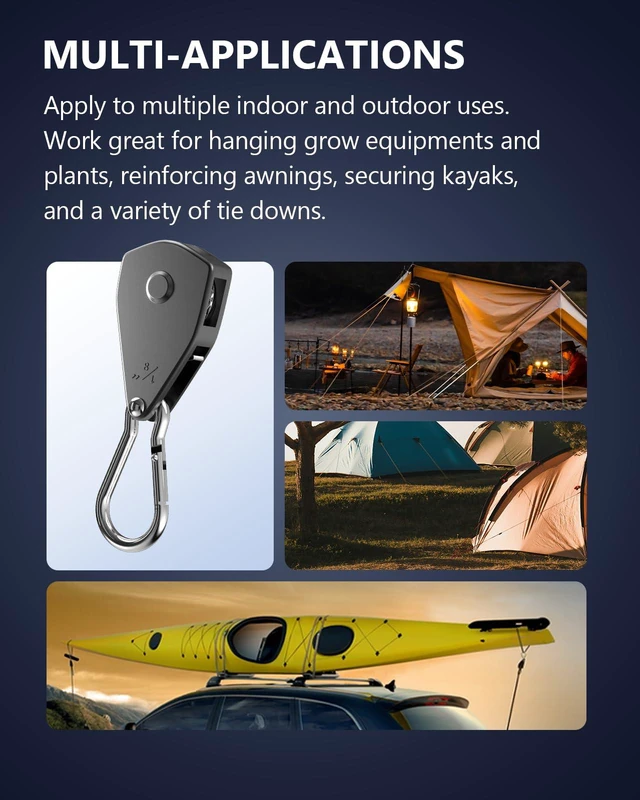 Alt view image 3 of 7 - Retractable Heavy Duty Ratchet Tie Down Straps 1/8" 12 Pack, 8ft Tie-Down 75lbs/Pack Rope Pulley System with Carabiner Hook Rope Adjuster for Hanging Plants/Grow Light/Tents Various Uses