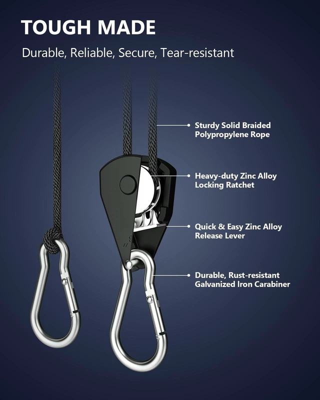 Alt view image 4 of 7 - Retractable Heavy Duty Ratchet Tie Down Straps 1/8" 12 Pack, 8ft Tie-Down 75lbs/Pack Rope Pulley System with Carabiner Hook Rope Adjuster for Hanging Plants/Grow Light/Tents Various Uses