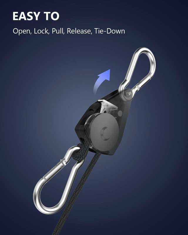 Alt view image 5 of 7 - Retractable Heavy Duty Ratchet Tie Down Straps 1/8" 12 Pack, 8ft Tie-Down 75lbs/Pack Rope Pulley System with Carabiner Hook Rope Adjuster for Hanging Plants/Grow Light/Tents Various Uses