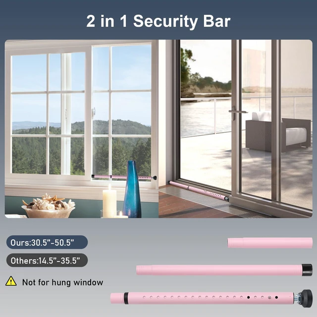 Alt view image 3 of 7 - Sliding Door Security Bar, 17.7-50.5inch Heavy Duty Adjustable Sliding Patio Door Lock Bar with Rubber Tips,Diameter 1inch Window Security Bar for Home Apartment Travel Children Women (Pink)