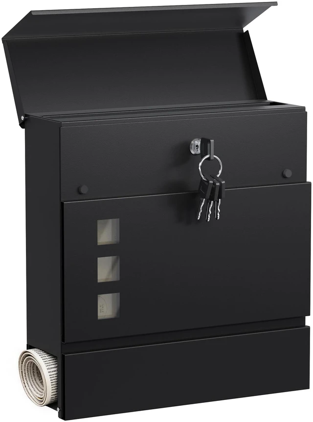 Main image of Locking Wall Mount Mailbox with Newspaper Holder for Outside Security Key Drop Box with Transparent Window, Galvanized Steel, Weather-Resistant, 12.2" x 3.9" x 11.4"