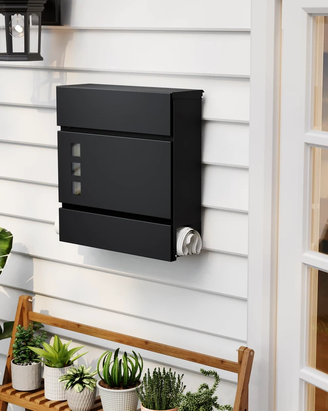 Alt view image 2 of 7 - Locking Wall Mount Mailbox with Newspaper Holder for Outside Security Key Drop Box with Transparent Window, Galvanized Steel, Weather-Resistant, 12.2" x 3.9" x 11.4"
