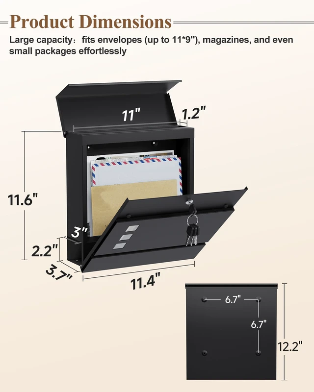 Alt view image 3 of 7 - Locking Wall Mount Mailbox with Newspaper Holder for Outside Security Key Drop Box with Transparent Window, Galvanized Steel, Weather-Resistant, 12.2" x 3.9" x 11.4"