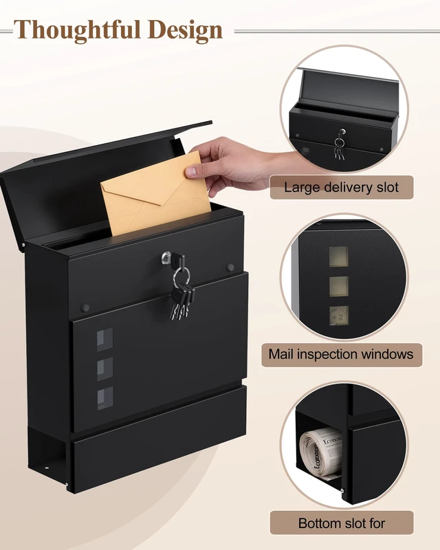 Alt view image 4 of 7 - Locking Wall Mount Mailbox with Newspaper Holder for Outside Security Key Drop Box with Transparent Window, Galvanized Steel, Weather-Resistant, 12.2" x 3.9" x 11.4"