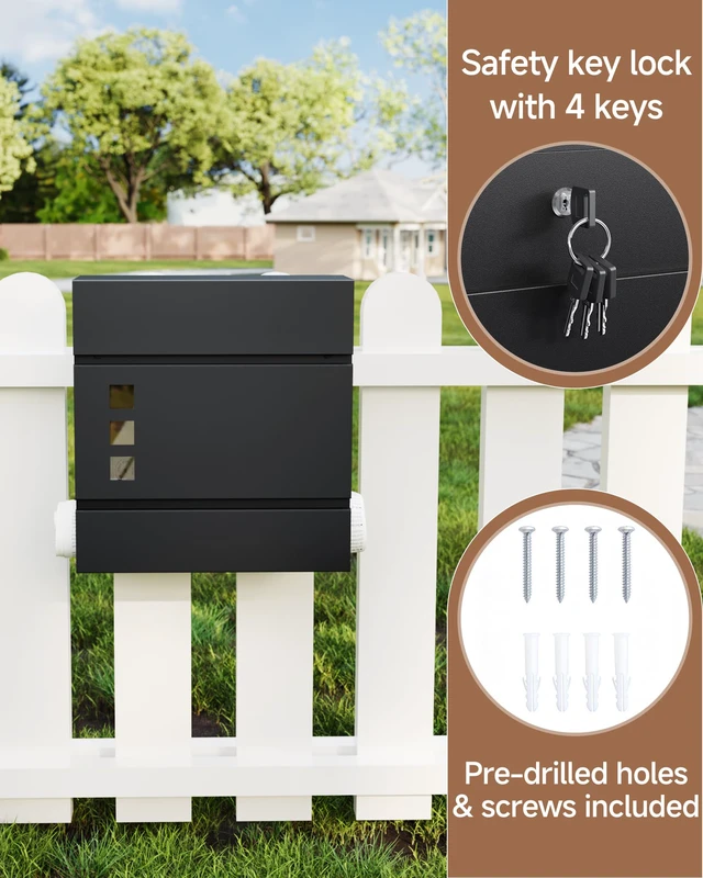 Alt view image 6 of 7 - Locking Wall Mount Mailbox with Newspaper Holder for Outside Security Key Drop Box with Transparent Window, Galvanized Steel, Weather-Resistant, 12.2" x 3.9" x 11.4"