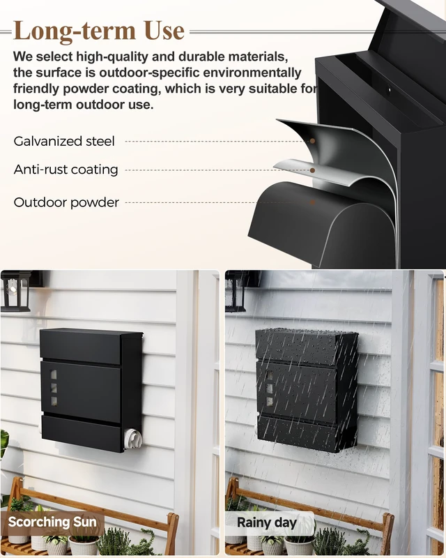 Alt view image 5 of 7 - Locking Wall Mount Mailbox with Newspaper Holder for Outside Security Key Drop Box with Transparent Window, Galvanized Steel, Weather-Resistant, 12.2" x 3.9" x 11.4"