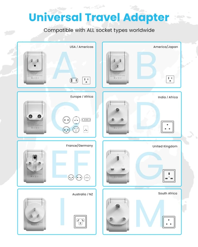 Alt view image 2 of 6 - Universal Travel Adapter, Type A,B,C,D,E/F,G,I,M Detachable Plugs 5 in 1 with 2 Outlets 3 USB Ports (2 USB C), 17W Fast Charge, International Power Adapter for US/India/Africa/EU/UK/AU/JP