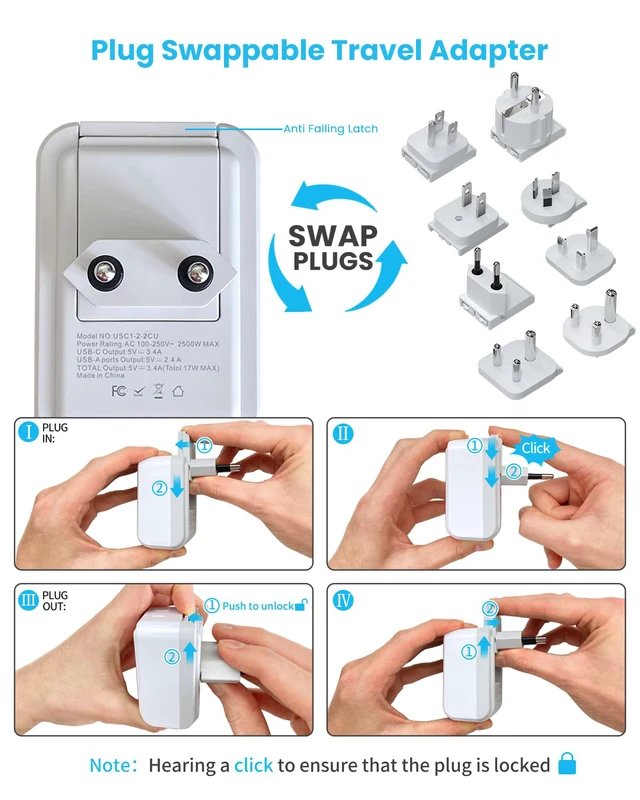 Alt view image 5 of 6 - Universal Travel Adapter, Type A,B,C,D,E/F,G,I,M Detachable Plugs 5 in 1 with 2 Outlets 3 USB Ports (2 USB C), 17W Fast Charge, International Power Adapter for US/India/Africa/EU/UK/AU/JP