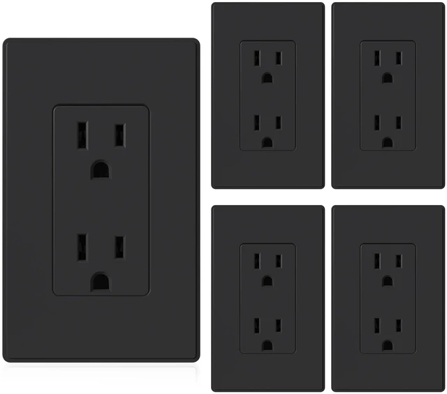 Main image of Matte Black Standard Decorator Electrical Wall Receptacle Outlet, 15A 125V, 2 Pole 3 Wire, Non-Tamper Resistant, NEMA 5-15R, Self-Grounding, Mid Wall Plate Included, UL Listed (5 Pack)