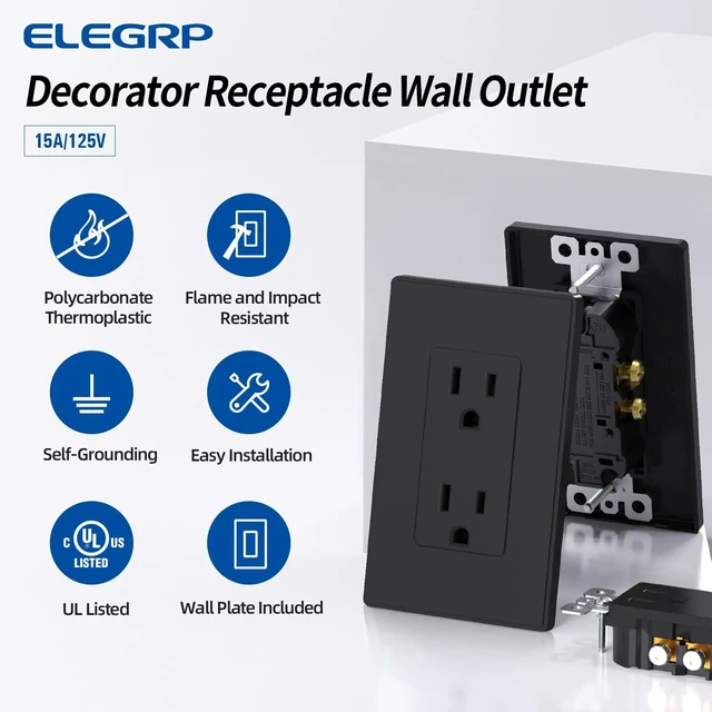 Alt view image 2 of 7 - Matte Black Standard Decorator Electrical Wall Receptacle Outlet, 15A 125V, 2 Pole 3 Wire, Non-Tamper Resistant, NEMA 5-15R, Self-Grounding, Mid Wall Plate Included, UL Listed (5 Pack)