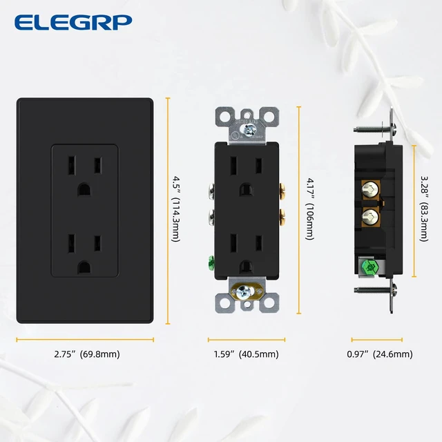 Alt view image 6 of 7 - Matte Black Standard Decorator Electrical Wall Receptacle Outlet, 15A 125V, 2 Pole 3 Wire, Non-Tamper Resistant, NEMA 5-15R, Self-Grounding, Mid Wall Plate Included, UL Listed (5 Pack)