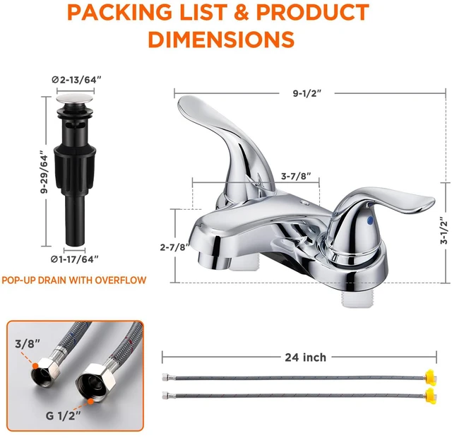 Main image of Bathroom Sink Faucets 2/3 Hole,Chrome Plating Dual Handles 4 inch Plastic Plating Over Bathroom Faucet with Pop-up Drain and 2 Supply Hoses for Apartment Rvs Sink Vanity