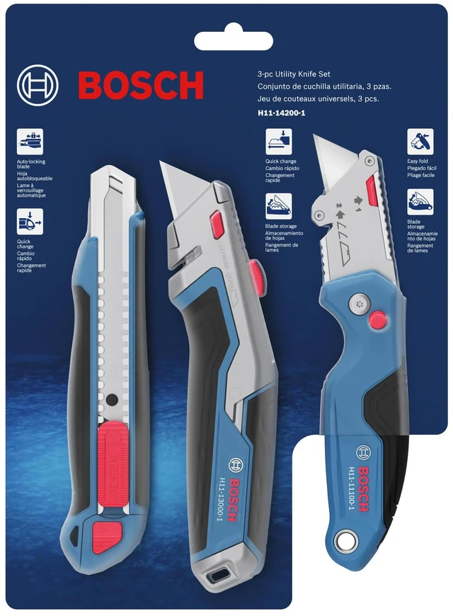 Main image of H11-14200-1 3-Piece Utility Knife Set | Folding, Snap-Off, and Retractable Knives with Robust Design, Integrated Blade Storage - Includes 7 Blades