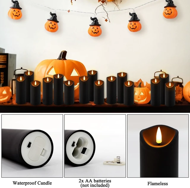 Alt view image 2 of 2 - 24-Pack Flameless Candles Battery Operated Candles Pillar LED Candles with 10-Key Remote and Cycling 24 Hours Timer for Home Decor,Halloween(Black 5" 6" 7")