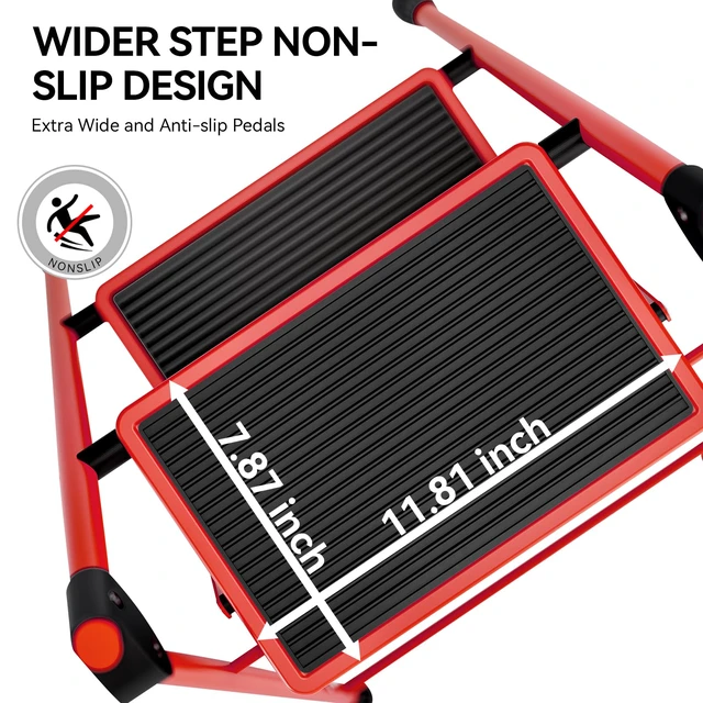 Alt view image 2 of 7 - Step Ladder, Folding Ladder with Non-Slip and Wide Pedal, Small Ladder with Handle, Heavy Duty Steel Stool, Lightweight Step Ladder (Red, 3 Step Stool)