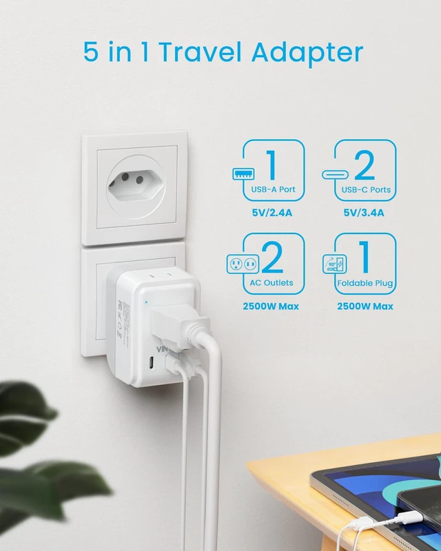 Main image of Brazil Power Adapter 1 Pack, Foldable Type N Plug Adapter 2 AC Outlets 3 USB Ports (2 USB C), Brazil Outlet Plug for US to Brazil Brazilian Brasil